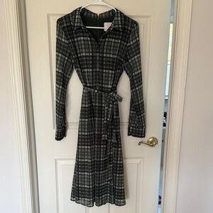 Women's Black and Gray Plaid Shirt Dress with Tie Waist